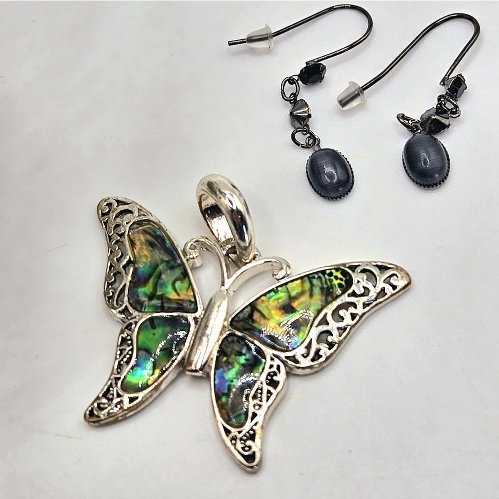 "5/$25" Silvertone Shell Butterfly Pendant/Gunmetal Black Stone Dangle Earrings